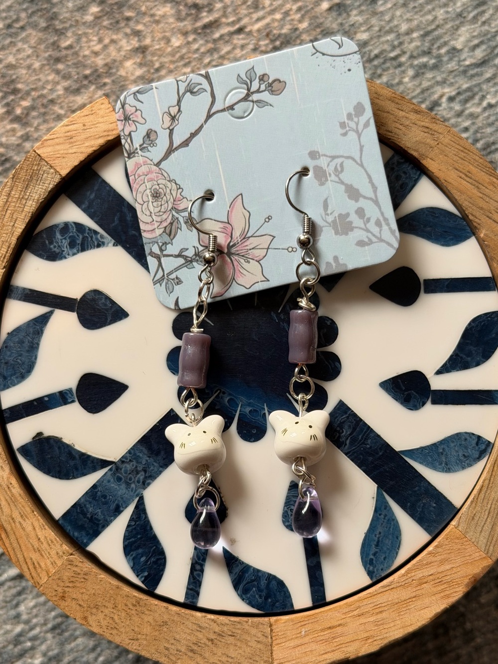 Handmade White Bunny & Purple Bead Drop Earrings